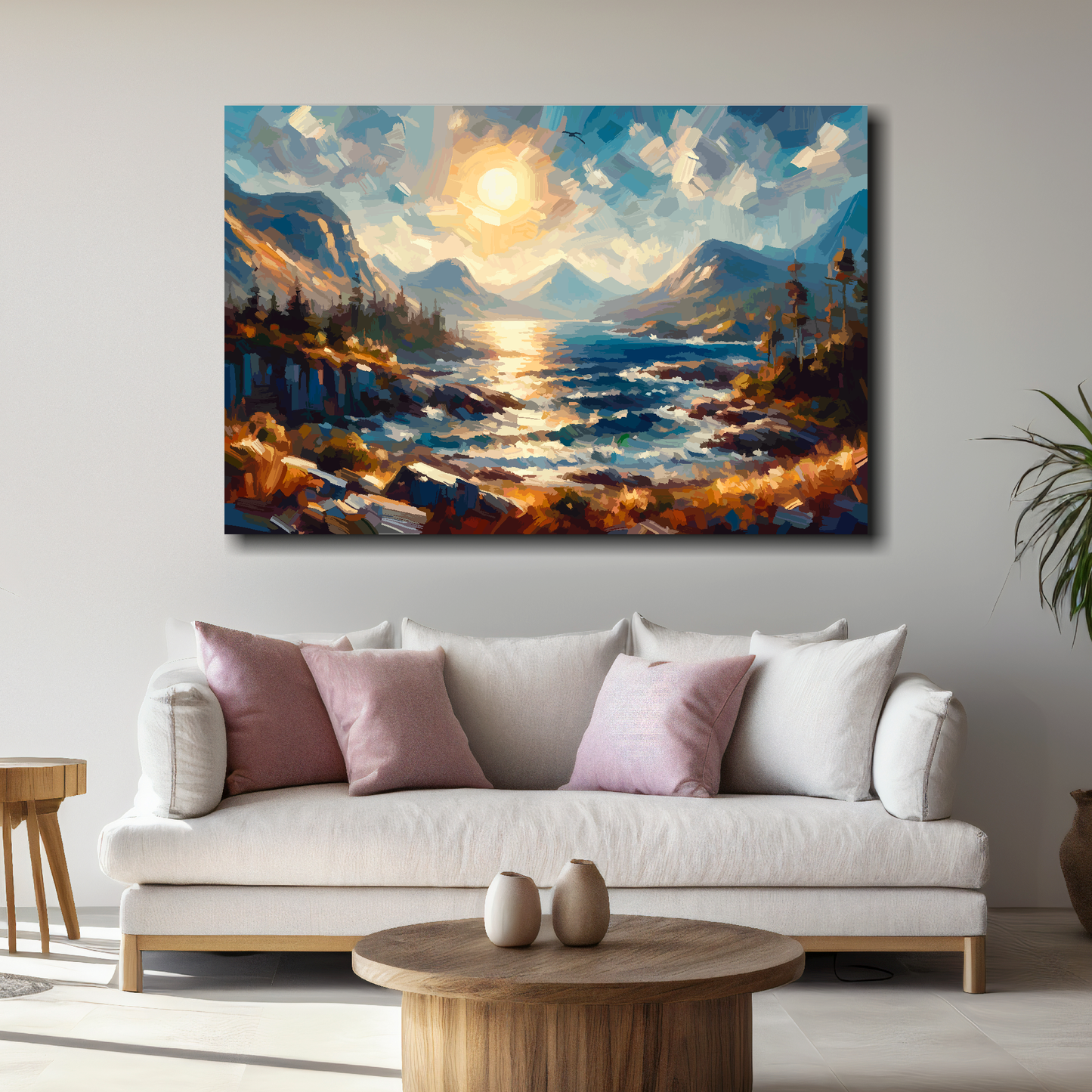 Large Scottish Highlands canvas above white sofa - vibrant abstract Scottish scenery wall art UK