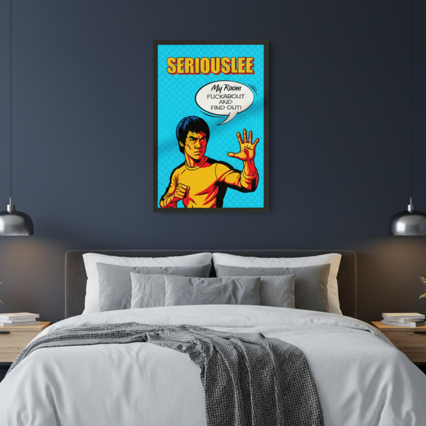 Comic-style poster of a character with a speech bubble above a bed in a bedroom.
