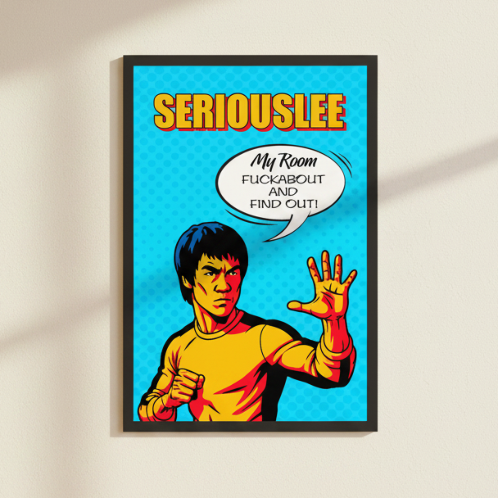 Funny pop art framed poster featuring Bruce Lee, with retro colours and text 'Seriouslee'