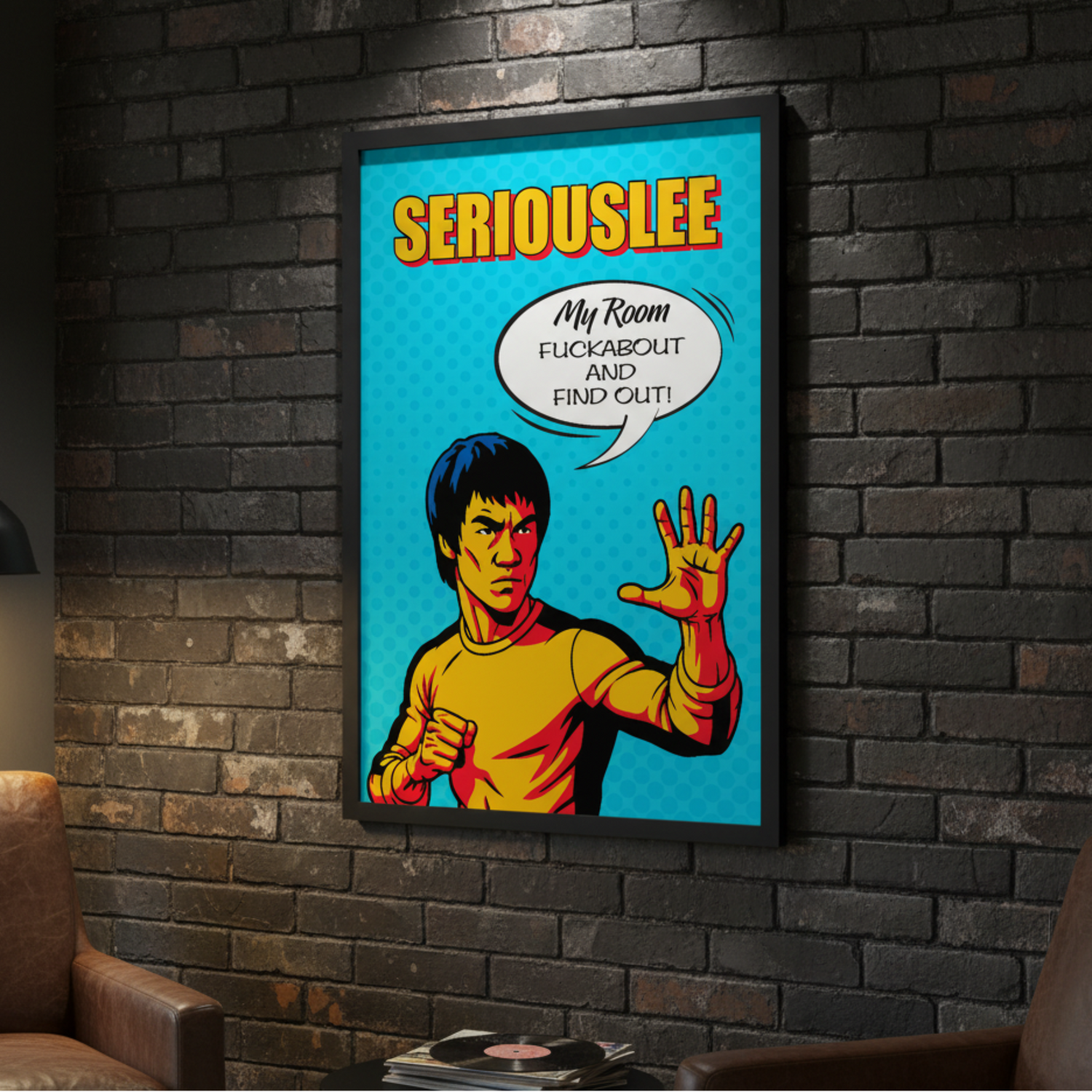 Pop art framed poster with a stylized Bruce Lee character on a brick wall