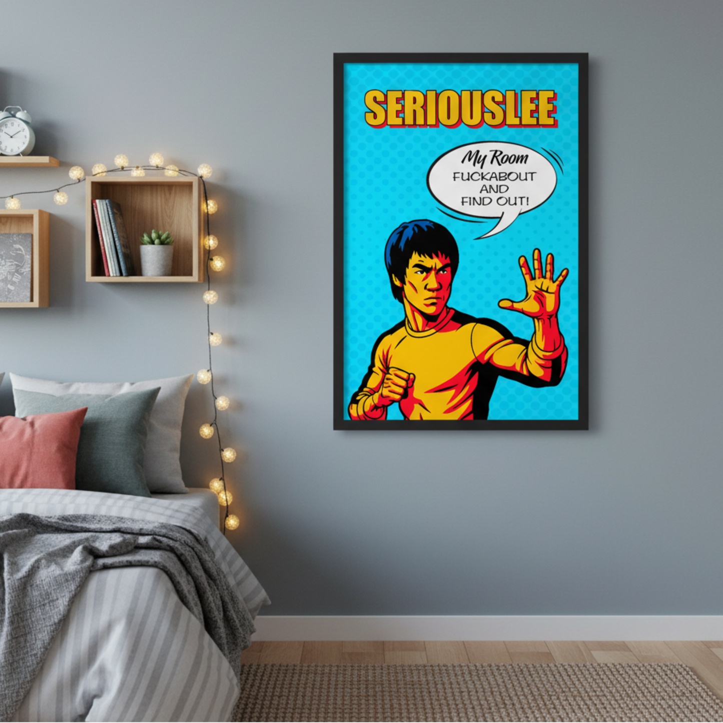 Framed retro art print with a stylized character of Bruce Lee on a wall in a bedroom.