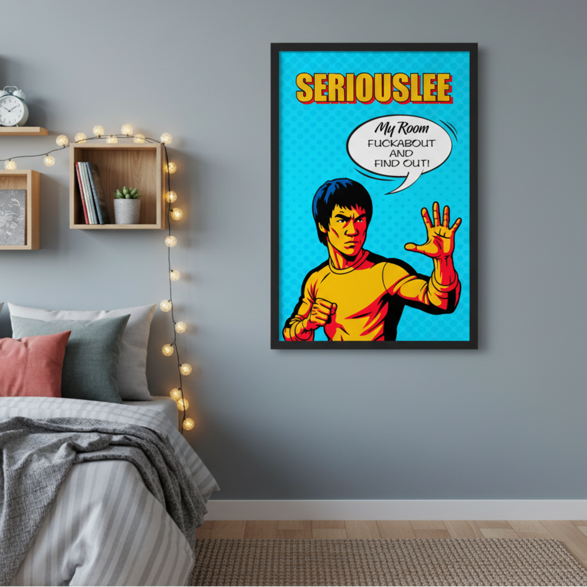 Framed retro art print with a stylized character of Bruce Lee on a wall in a bedroom.