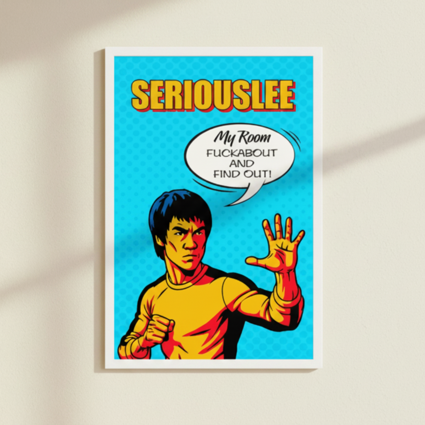Funny pop art framed poster featuring Bruce Lee, with retro colours and text 'Seriouslee'