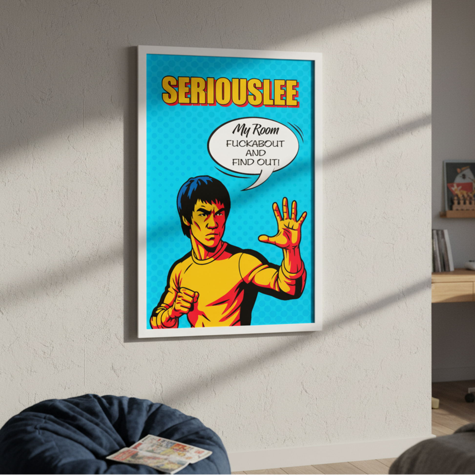Funny retro pop art framed poster with a Bruce Lee character and text on a wall
