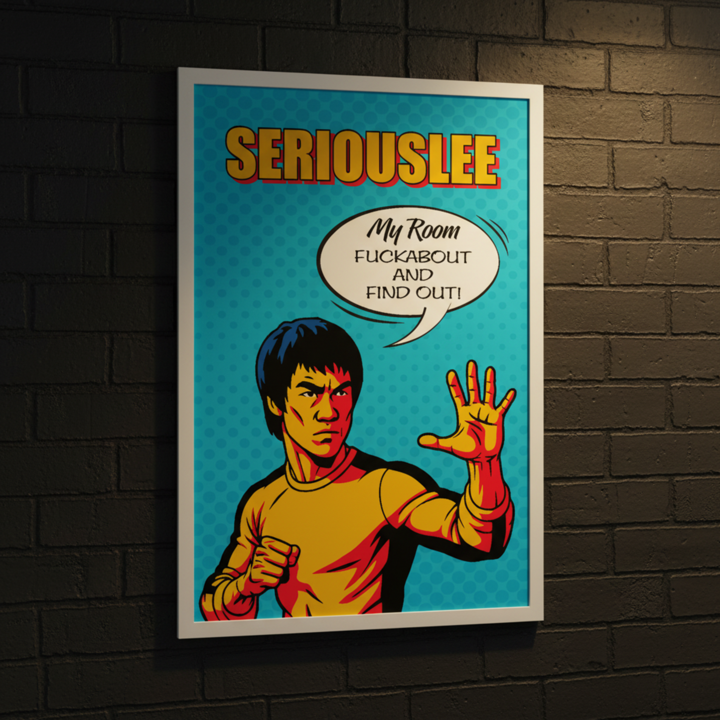Pop art framed print with a stylized character  Bruce Lee and text on a brick wall background