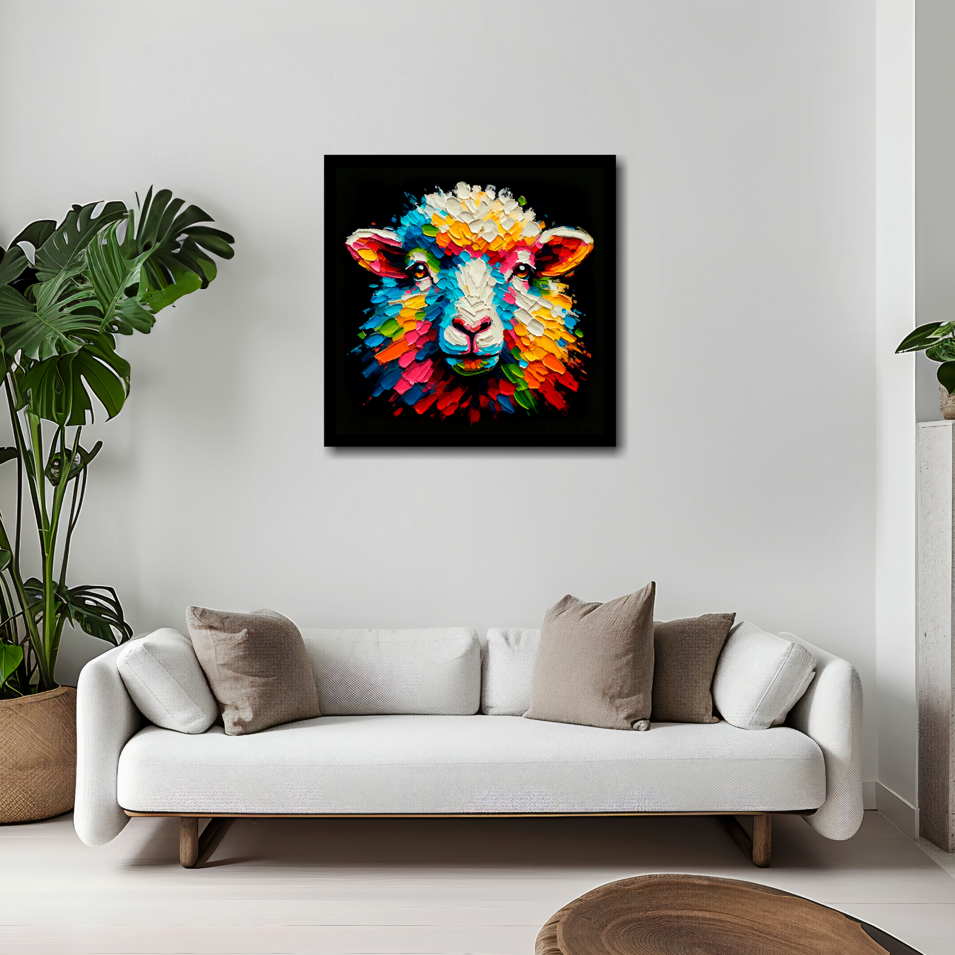 Sheep canvas 20x20 inches above white sofa - vibrant farm animal portrait wall art UK