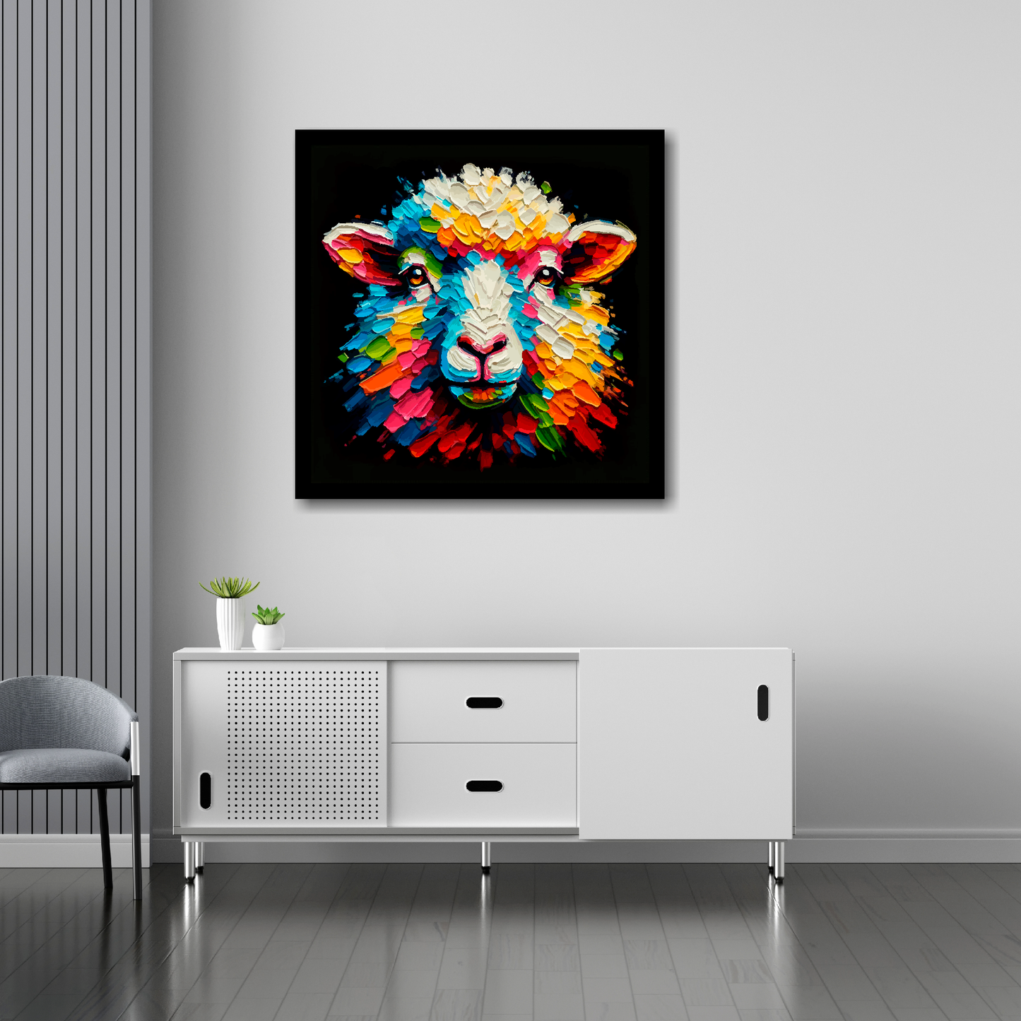 Sheep canvas 30x30 inches above sideboard - large colourful farm animal portrait UK made