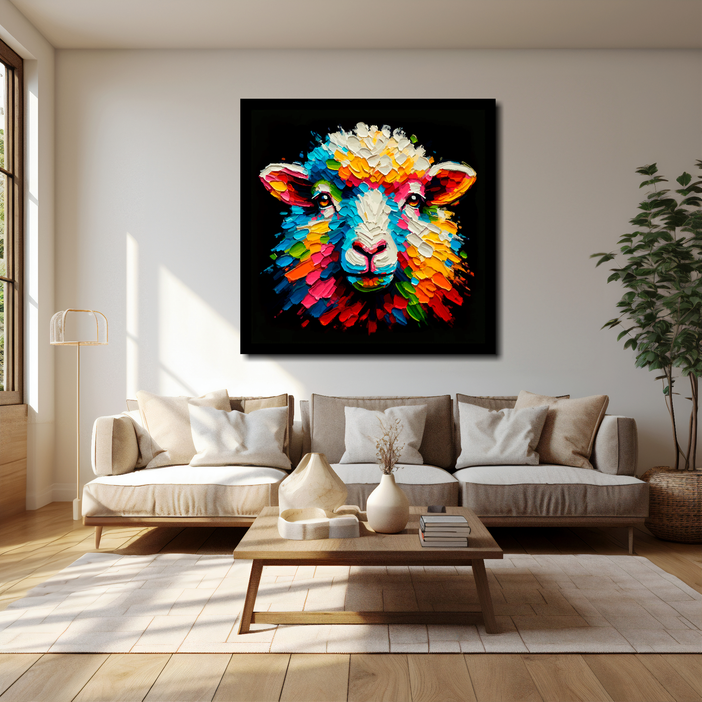 Sheep canvas 40x40 inches above cream sofa - XL vibrant farm animal wall art UK