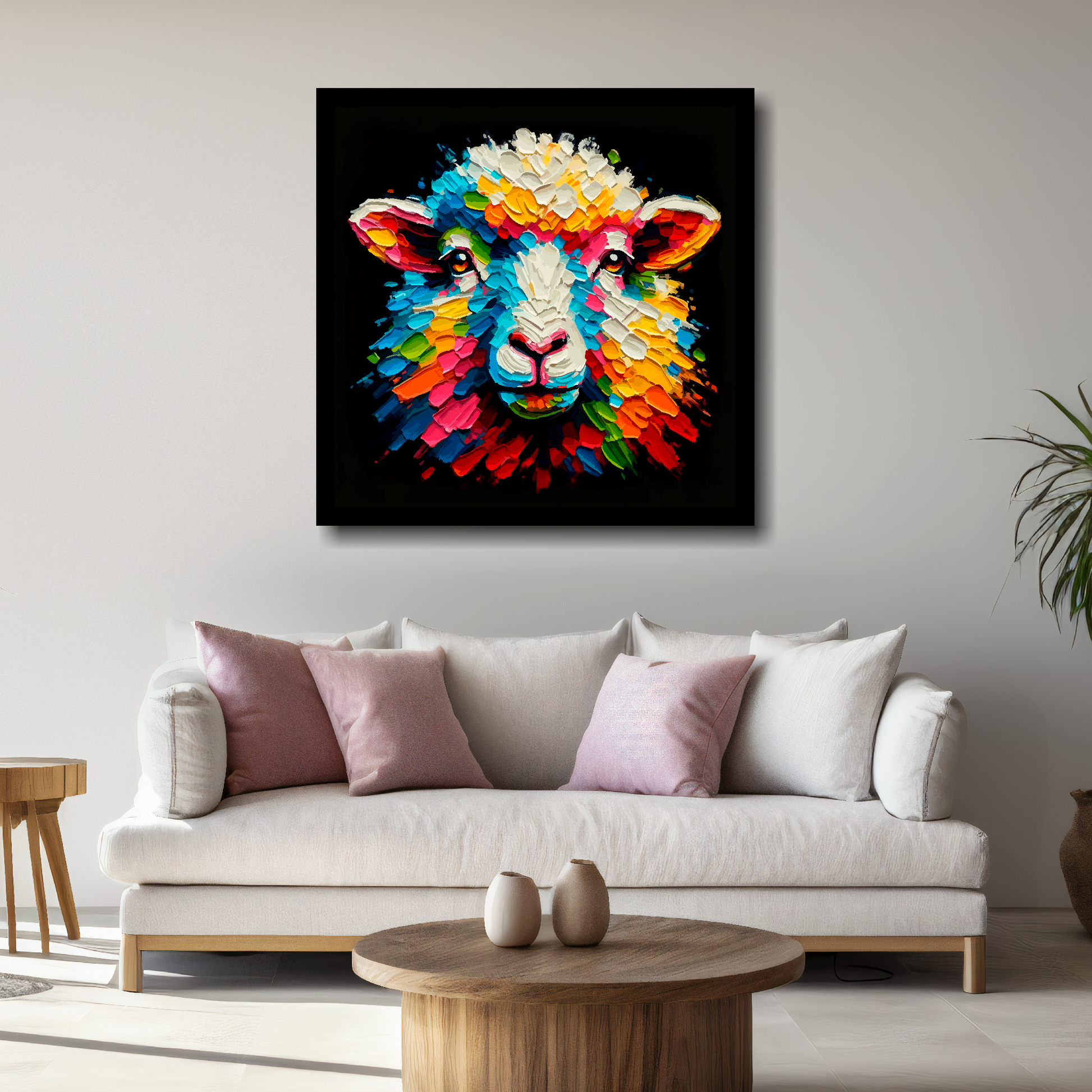 Large Sheep canvas above white sofa - vibrant abstract farm animal portrait wall art UK