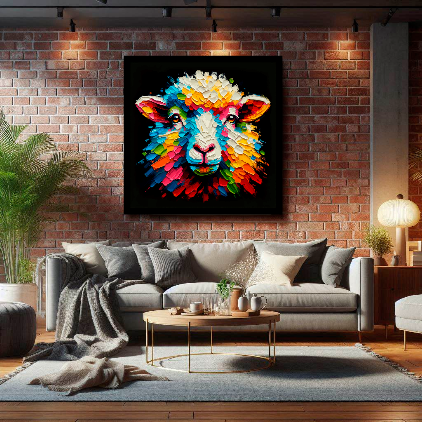 Large Sheep canvas on brick wall above grey sofa - bold farm animal portrait UK living room