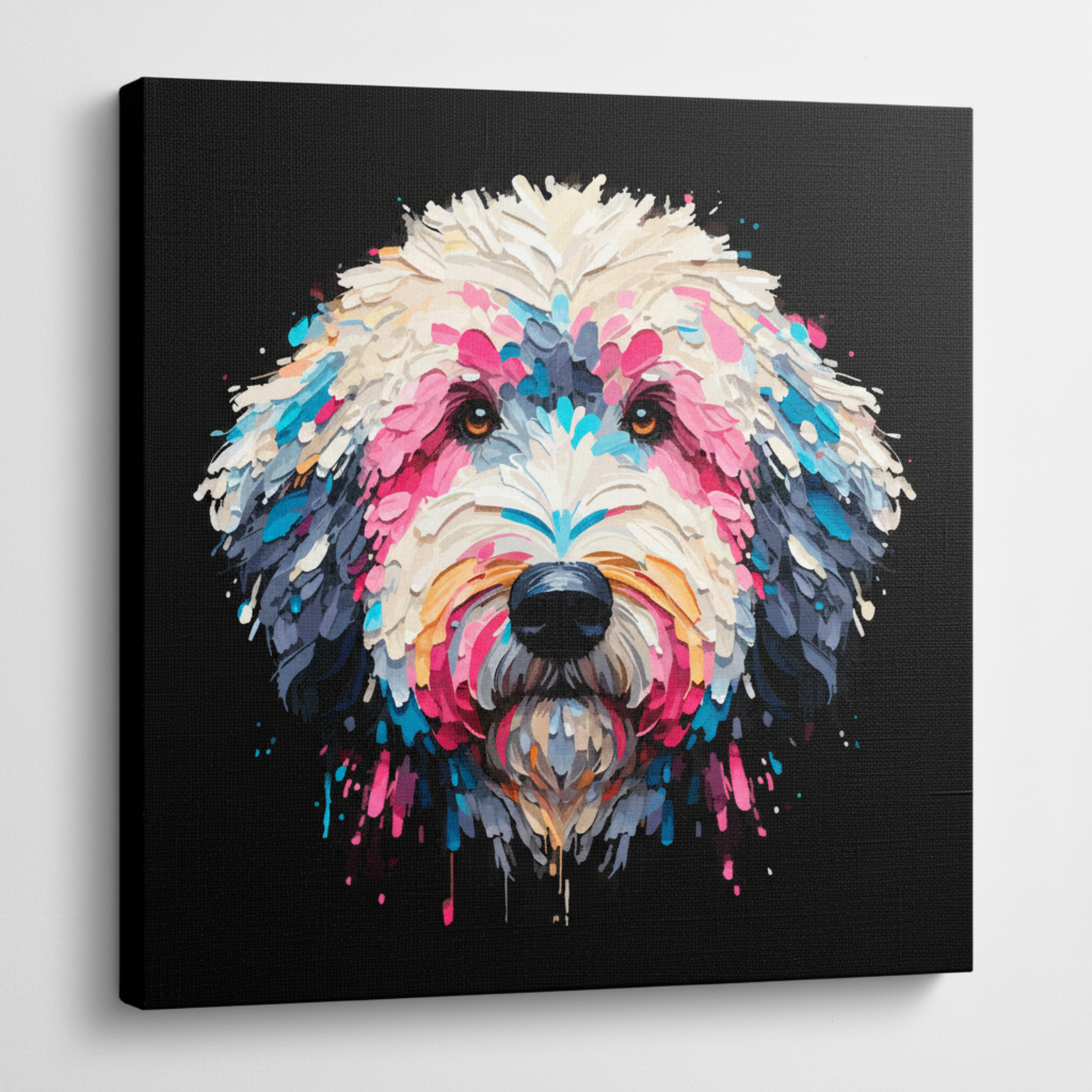 Colourful Sheepadoodle dog portrait canvas print - UK made abstract pet wall art black background