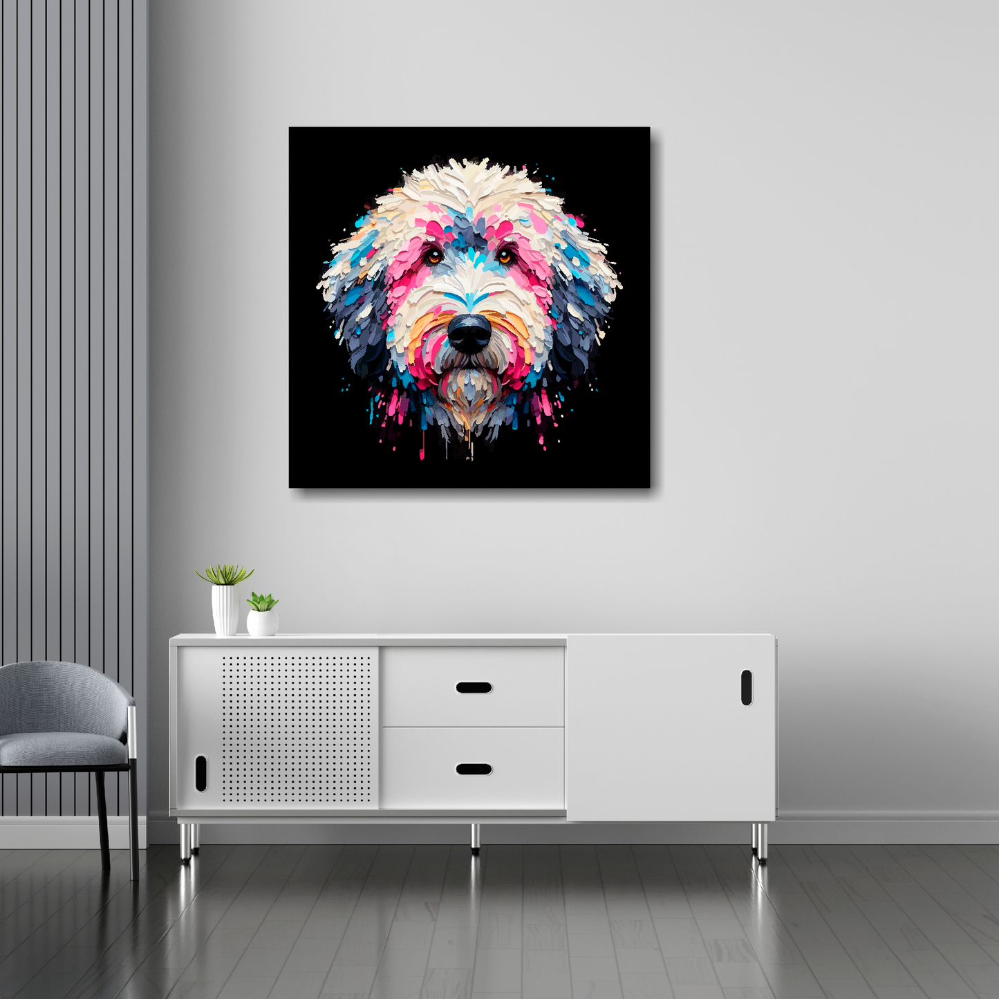 Sheepadoodle canvas 30x30 inches above sideboard - large colourful dog portrait UK made