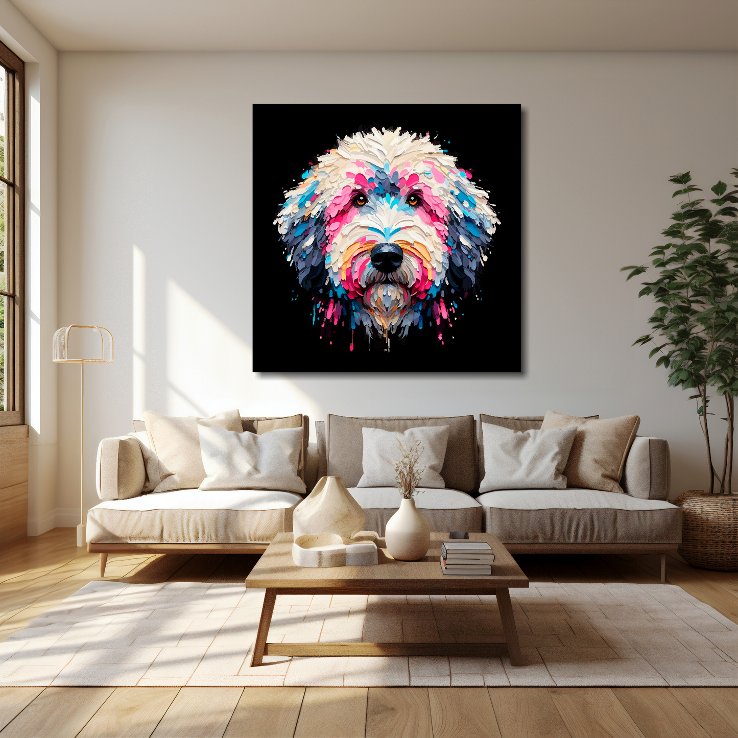 Sheepadoodle canvas 40x40 inches above cream sofa - XL vibrant dog wall art UK