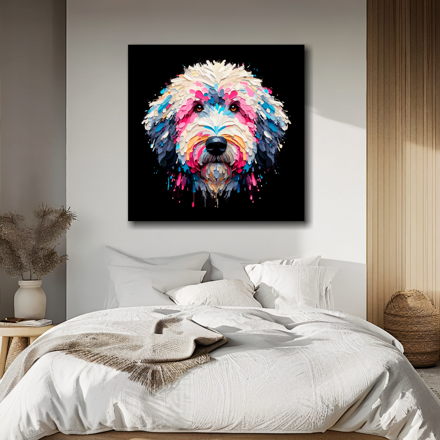Sheepadoodle portrait canvas above bed - colourful dog wall decor for UK bedrooms