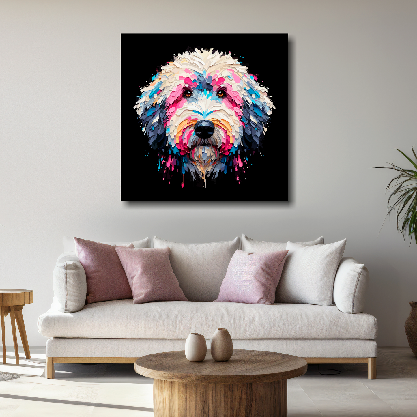 Large Sheepadoodle canvas above white sofa - vibrant abstract dog portrait wall art UK