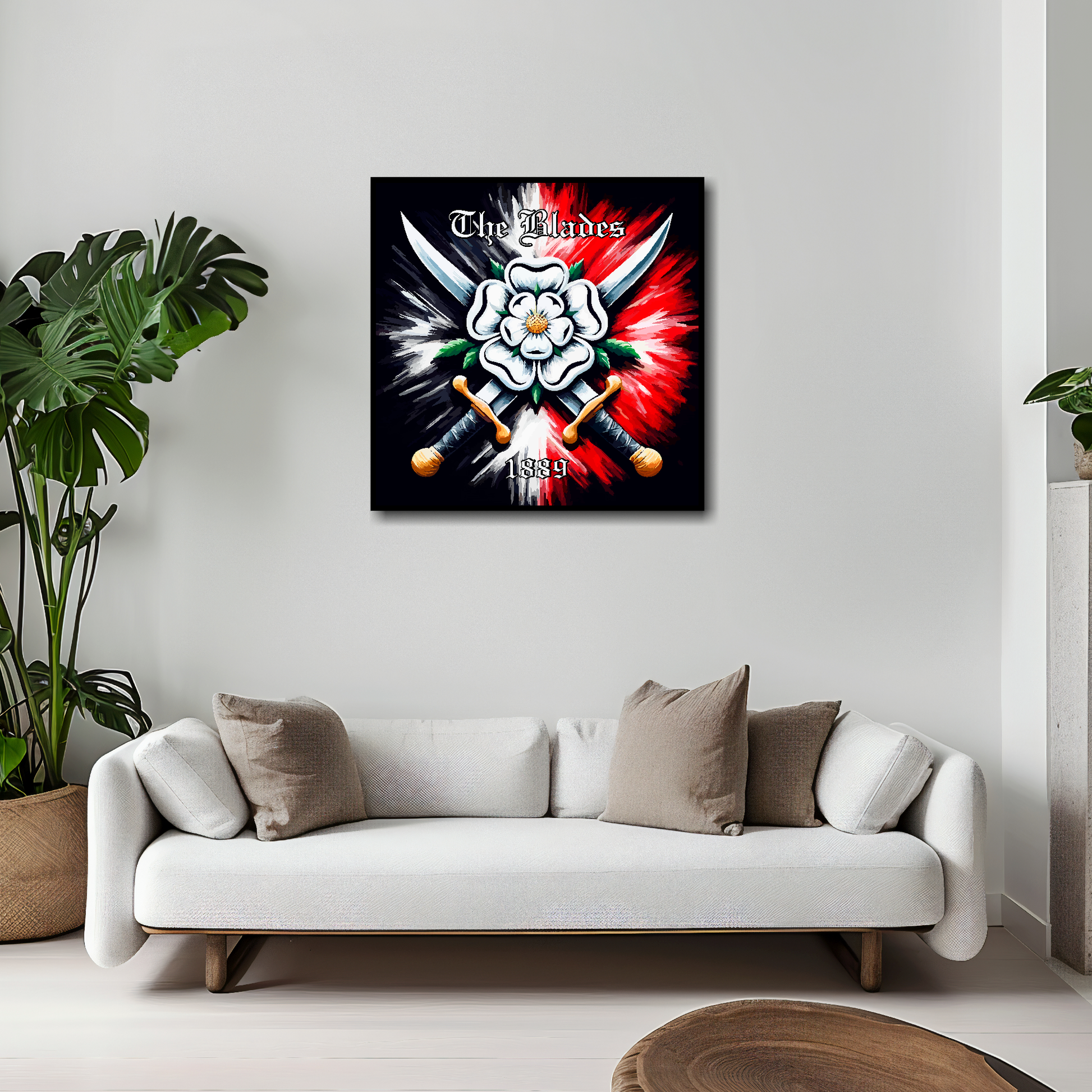 Sheffield United inspired canvas 20x20 inches above white sofa - vibrant UK football wall art