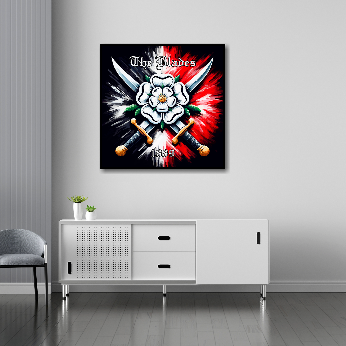 Sheffield United inspired canvas 30x30 inches above sideboard - large colourful UK football art made in Britain