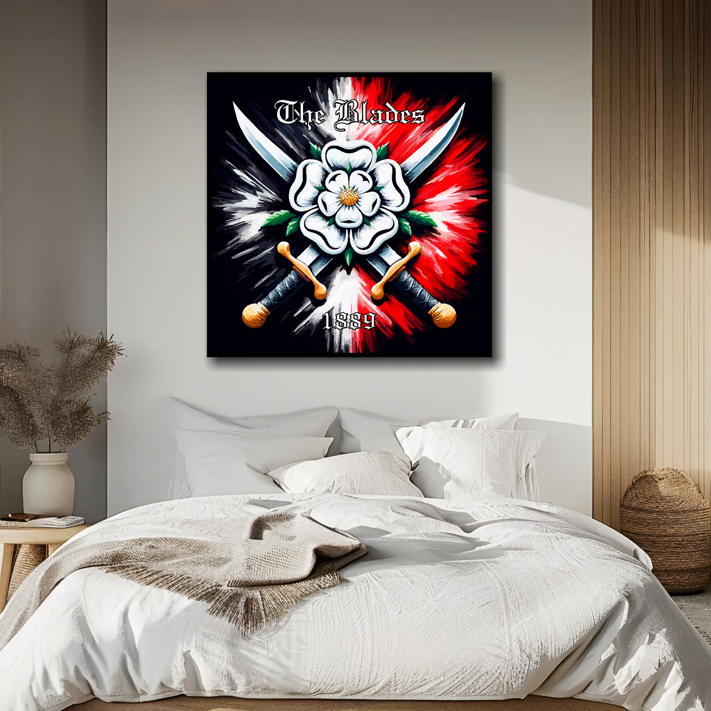Sheffield United inspired canvas above bed - colourful UK football wall decor for bedrooms