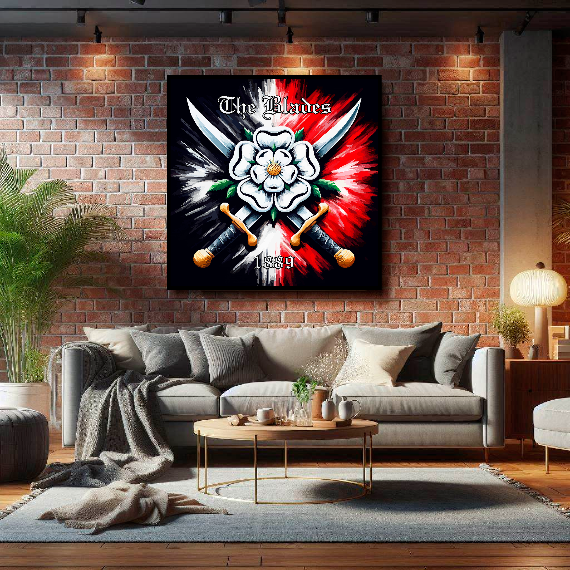 Large Sheffield United inspired canvas on brick wall above grey sofa - bold UK football art living room
