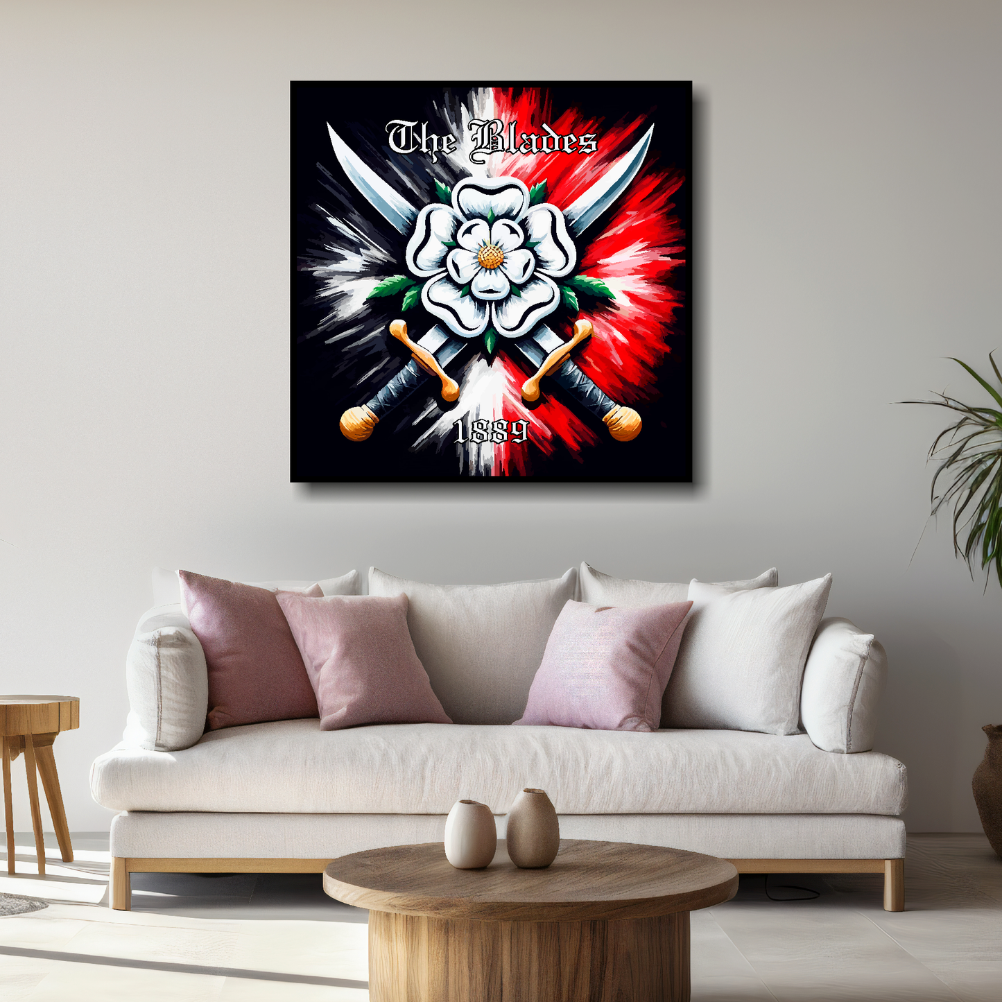 Large Sheffield United inspired canvas above white sofa - vibrant abstract UK football wall art