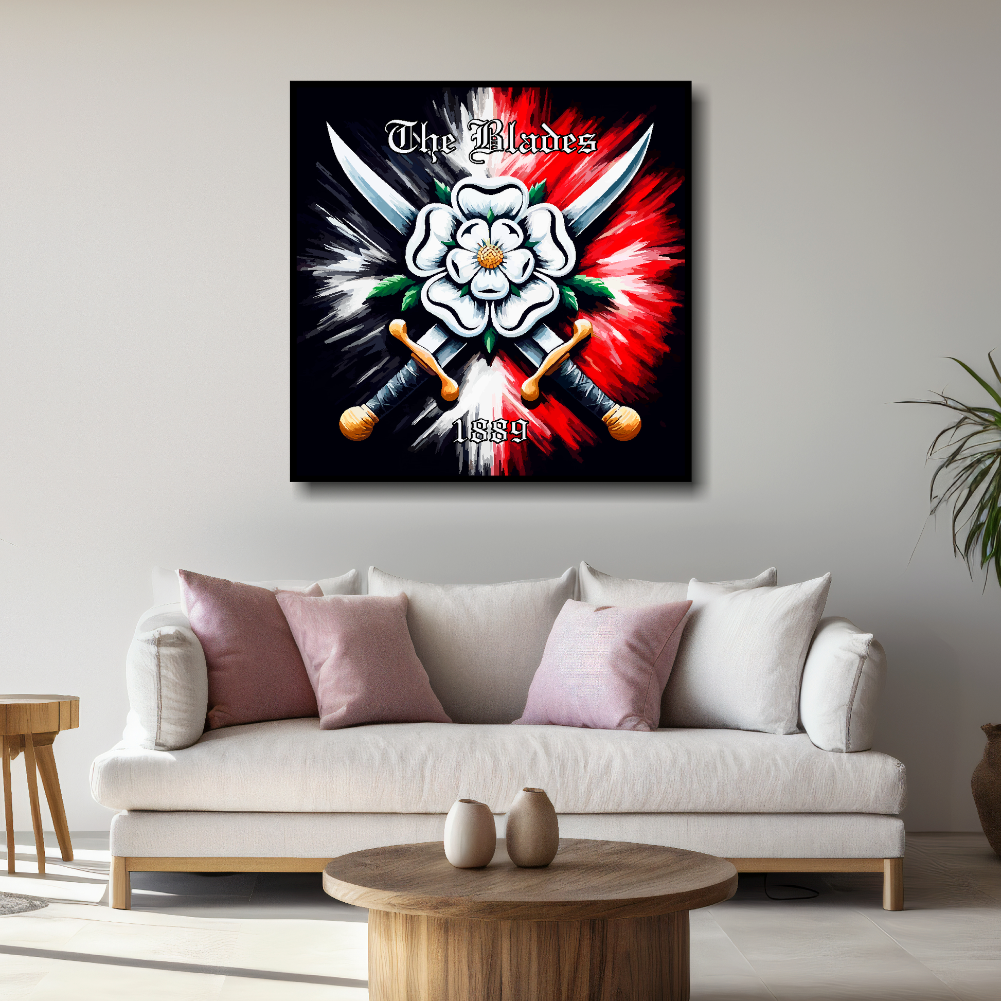Large Sheffield United inspired canvas above white sofa - vibrant abstract UK football wall art