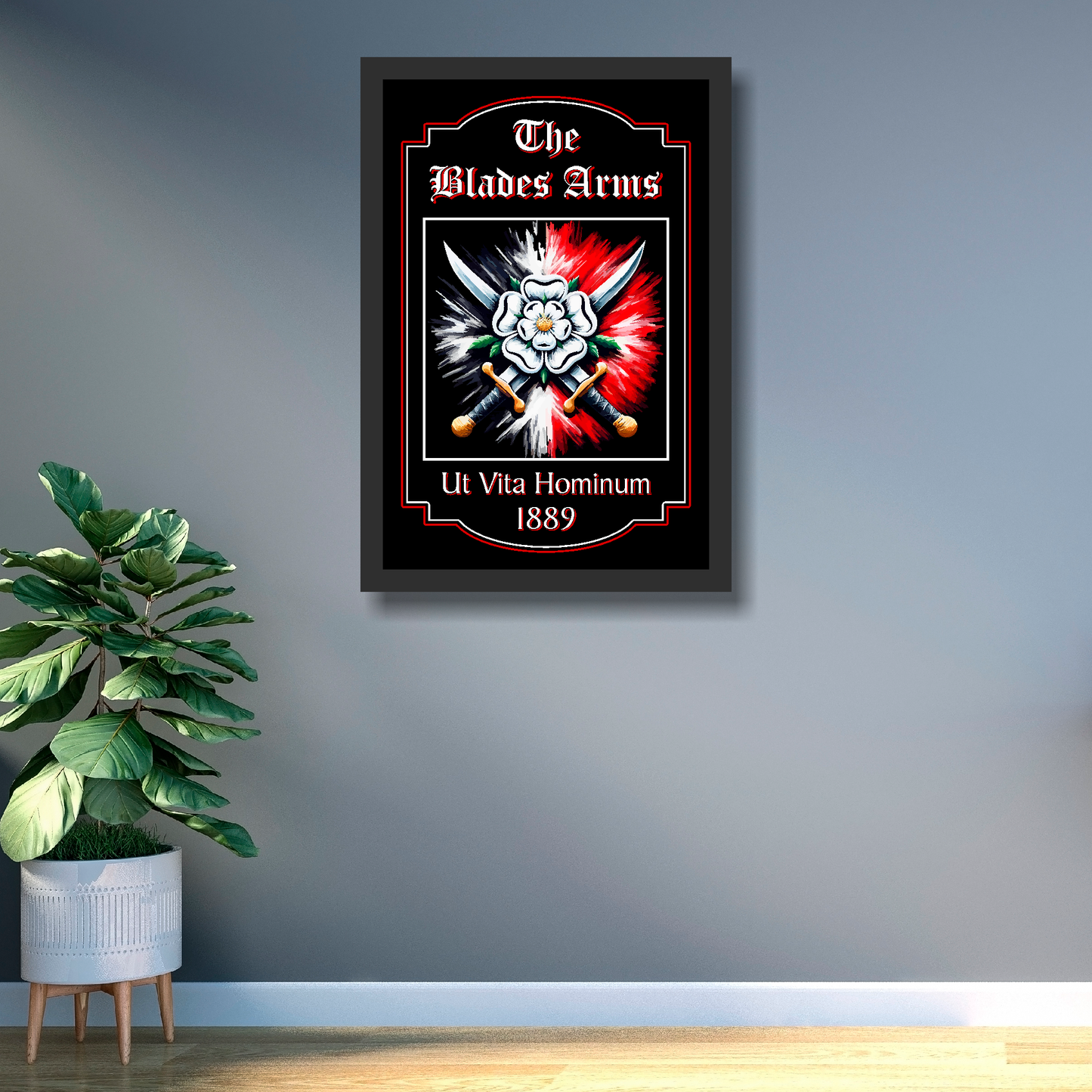 Sheffield United FC Pub Sign 'The Blades Arms' mounted in a large black wooden frame on an office wall