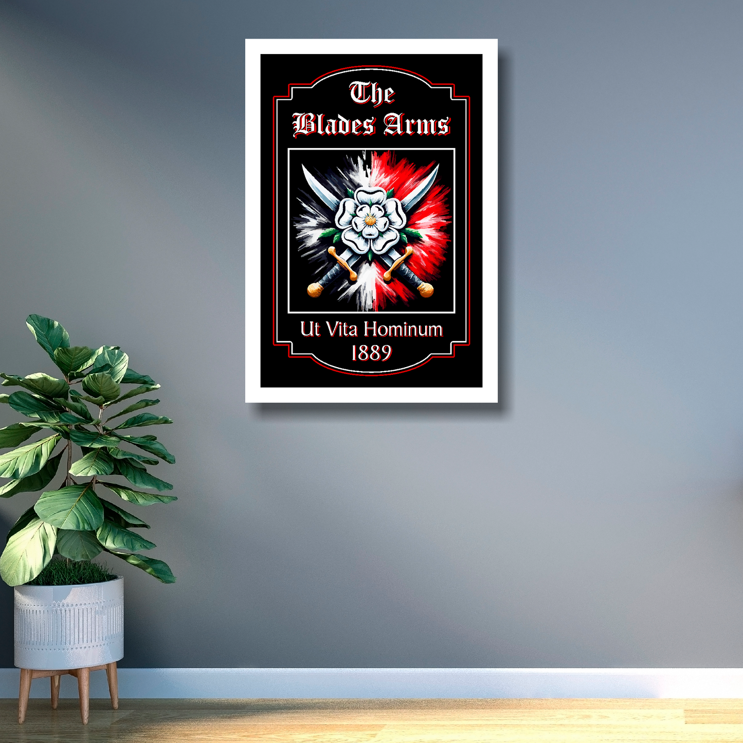 Sheffield United FC Pub Sign 'The Blades Arms' mounted in a white wooden frame on an office wall