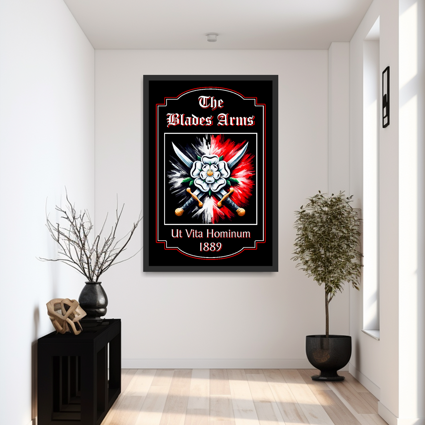 Sheffield United FC Pub Sign 'The Blades Arms' mounted in a extra large black wooden frame on a hallway wall