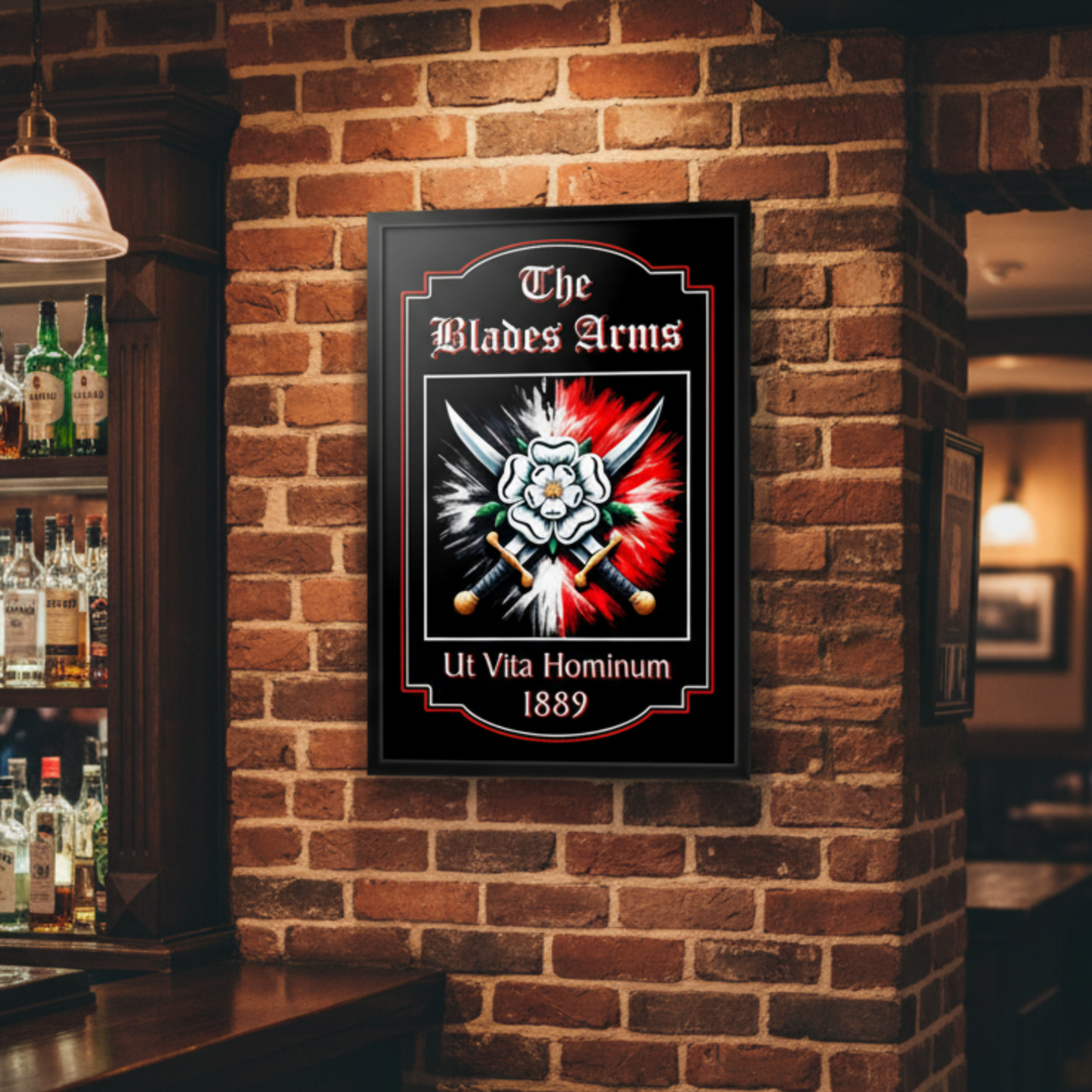 Sheffield United FC Pub Sign 'The Blades Arms' mounted on a brick wall in a bar