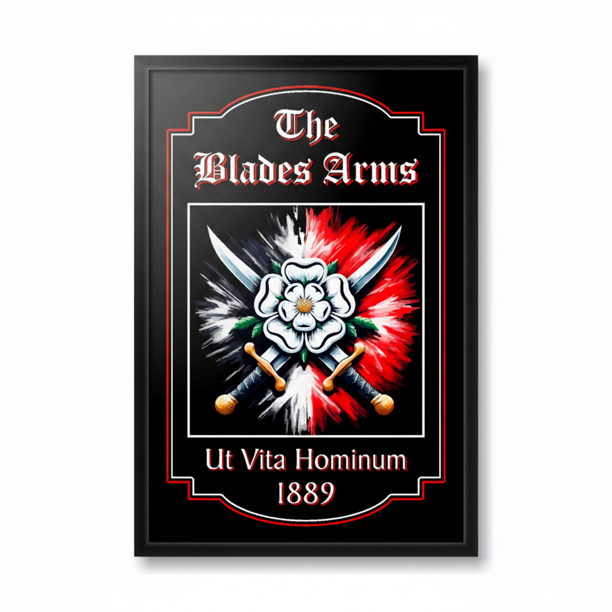 Sheffield United FC Pub Sign 'The Blades Arms' mounted in a large black wooden frame