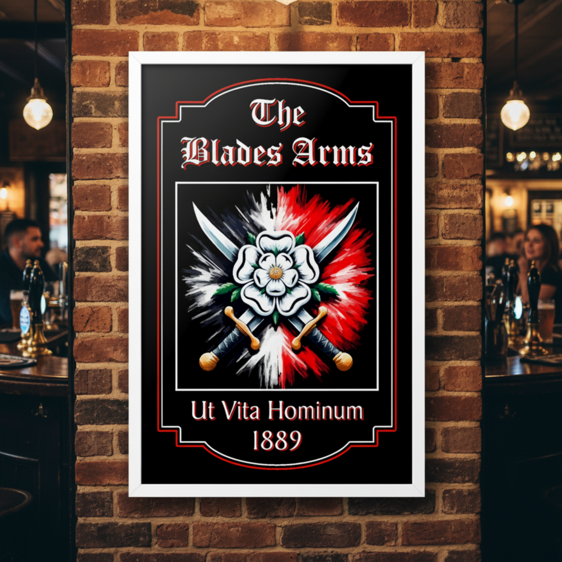 Sheffield United FC Pub Sign 'The Blades Arms' mounted on a brick bar wall