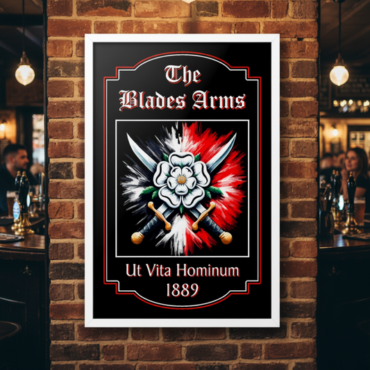 Sheffield United FC Pub Sign 'The Blades Arms' mounted on a brick bar wall
