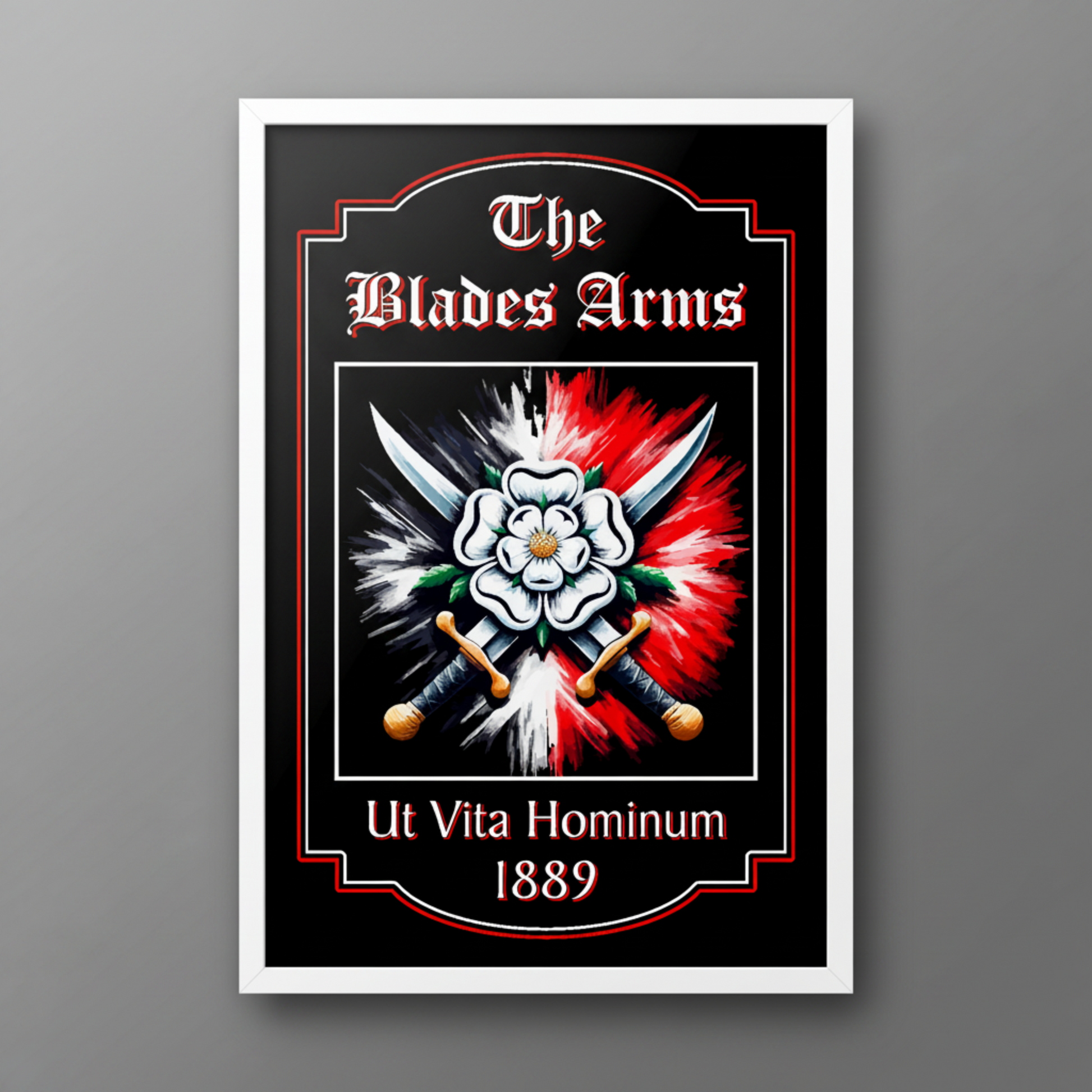 Sheffield United FC Pub Sign 'The Blades Arms' mounted in a large white wooden frame