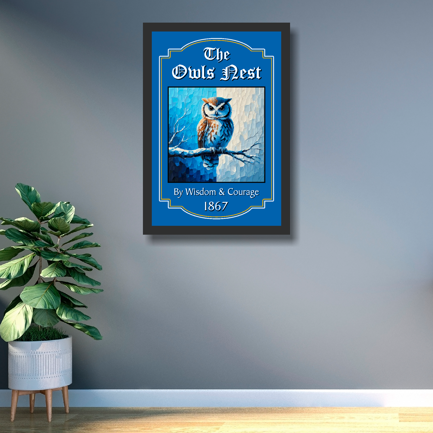 Sheffield Wednesday FC Pub Sign 'The Owls Nest' mounted in a large black frame on a office wall