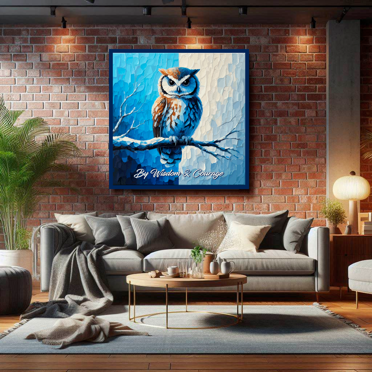 Large Sheffield Wednesday inspired canvas on brick wall above grey sofa - bold UK football art living room