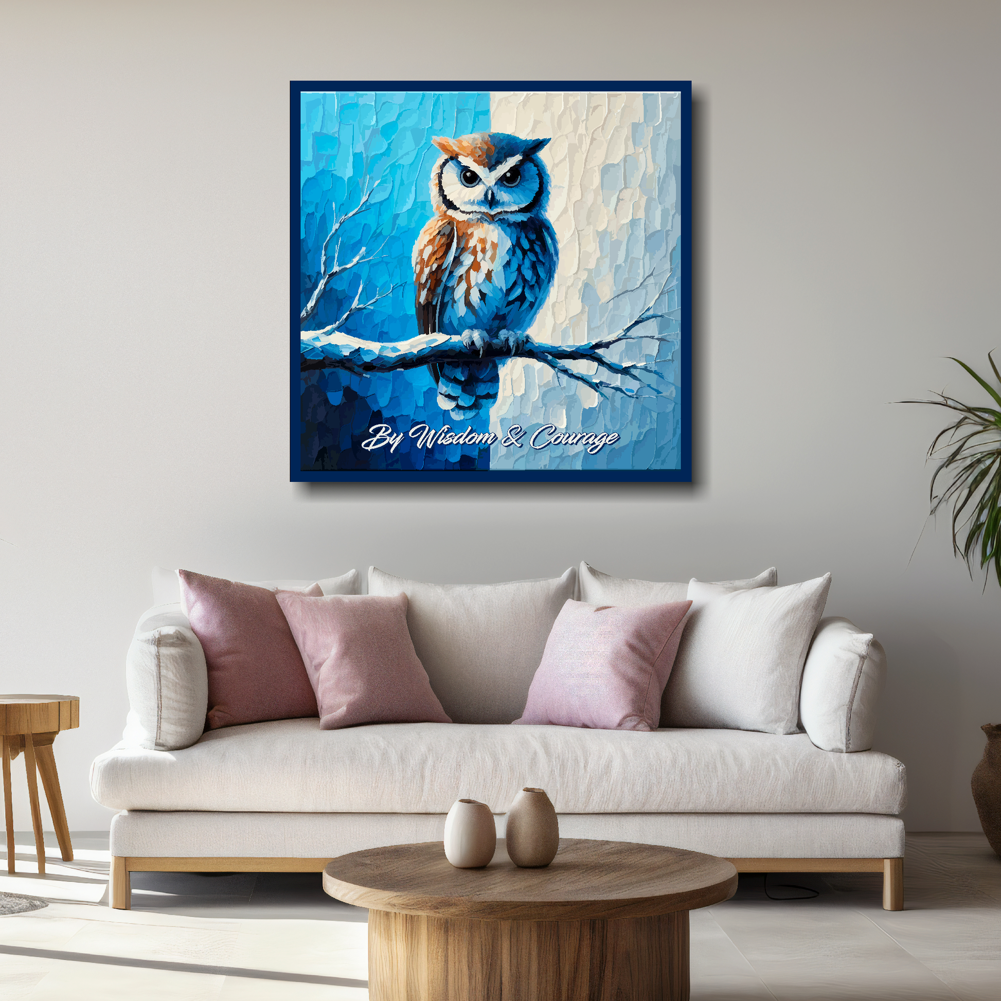 Large Sheffield Wednesday inspired canvas above white sofa - vibrant abstract UK football wall art