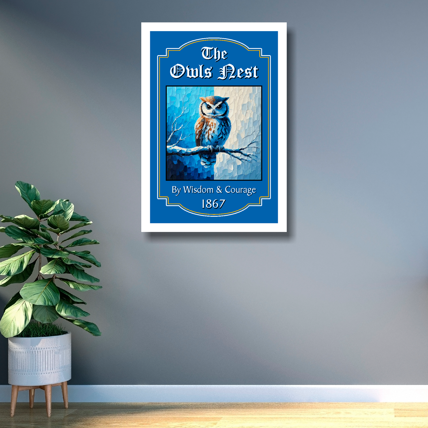 Sheffield Wednesday FC Pub Sign 'The Owls Nest' mounted in a large white frame on a office wall