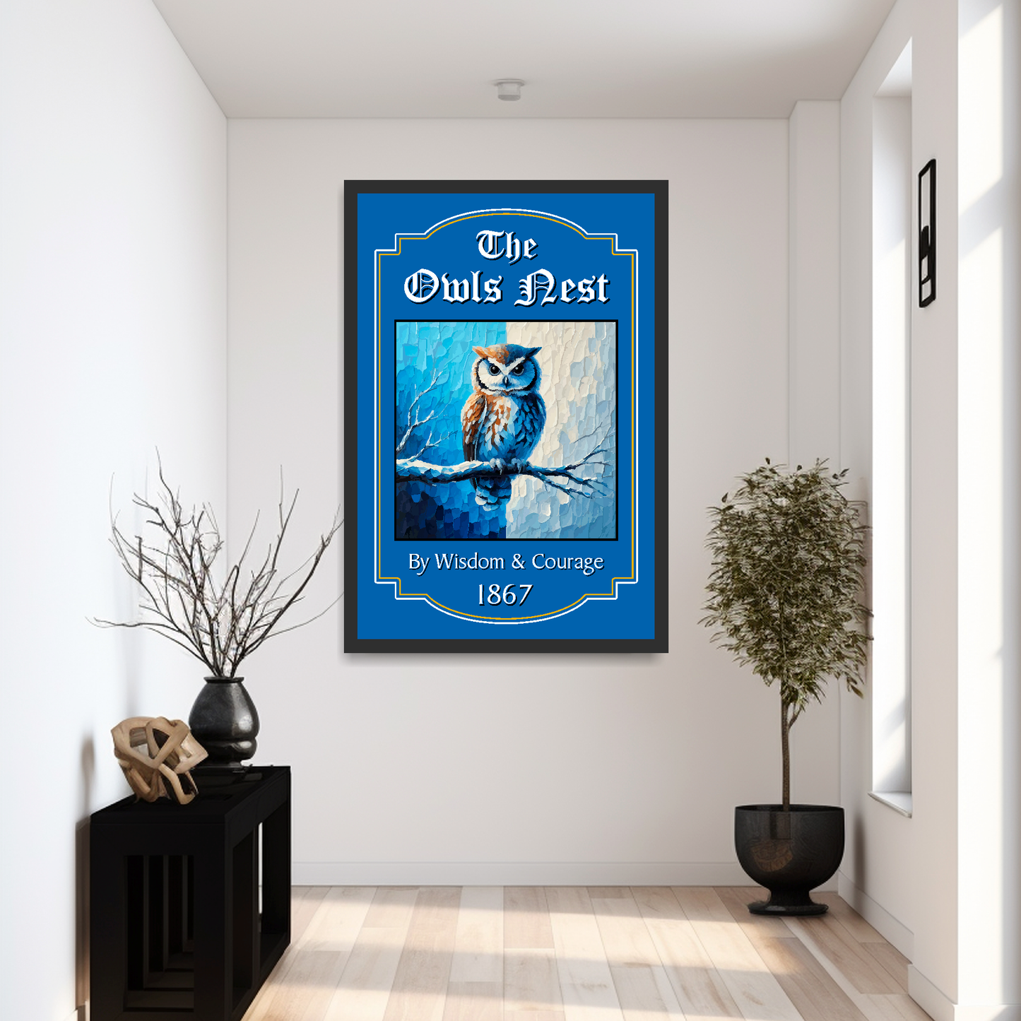 Sheffield Wednesday FC Pub Sign 'The Owls Nest' mounted in a extra large black frame on a reception wall