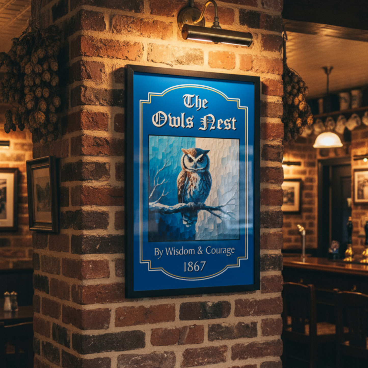 Sheffield Wednesday FC Pub Sign 'The Owls Nest' mounted on a brick bar wall