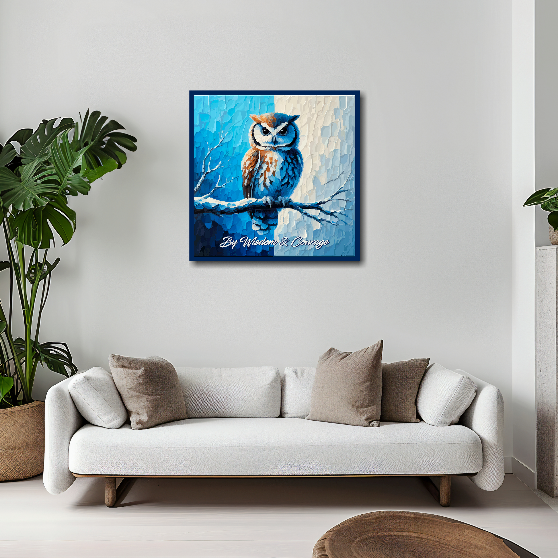 Sheffield Wednesday inspired canvas 20x20 inches above white sofa - vibrant UK football wall art