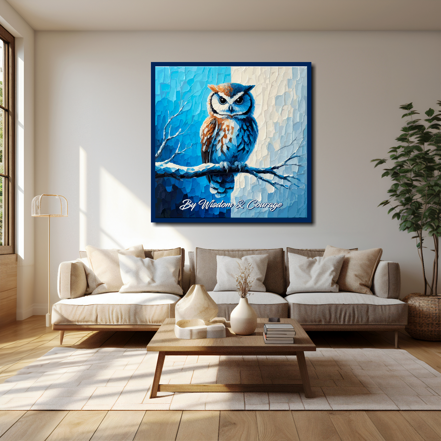 Sheffield Wednesday inspired canvas 40x40 inches above cream sofa - XL vibrant UK football wall art