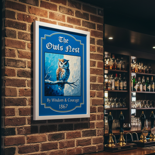 Sheffield Wednesday FC Pub Sign 'The Owls Nest' mounted on a bar wall
