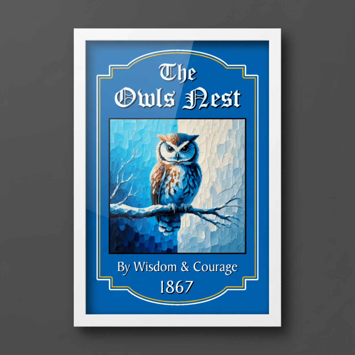 Sheffield Wednesday FC Pub Sign 'The Owls Nest' mounted in a white frame