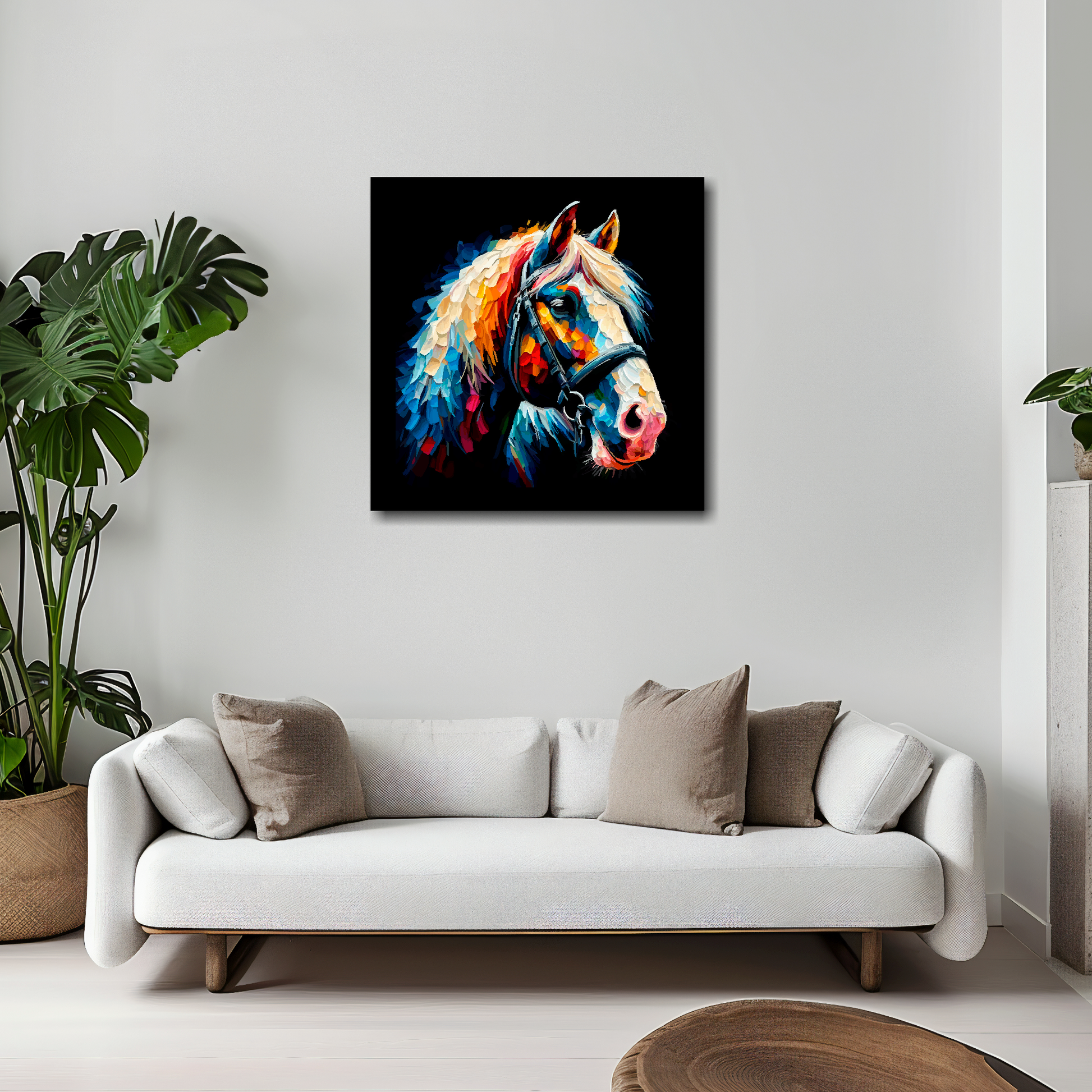 Shire Horse canvas 20x20 inches above white sofa - vibrant farm animal portrait wall art UK