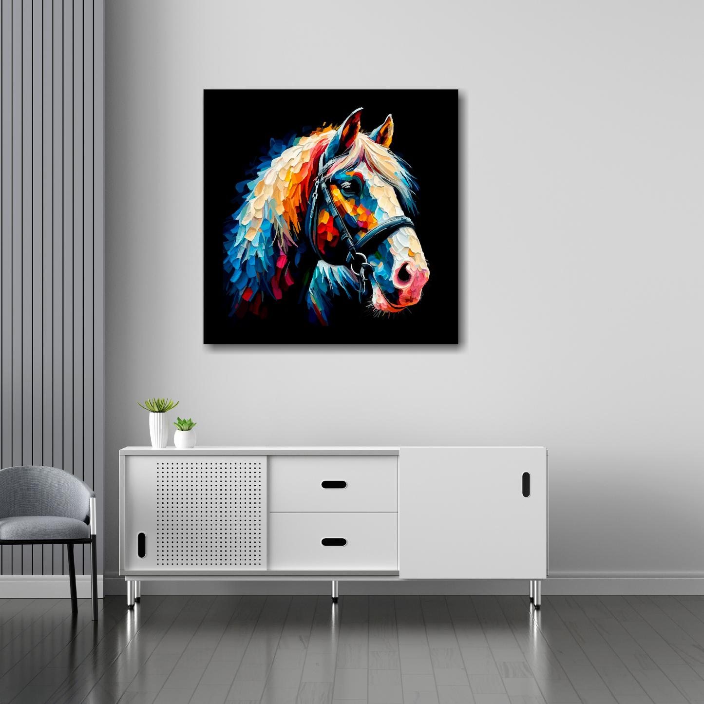 Shire Horse canvas 30x30 inches above sideboard - large colourful farm animal portrait UK made