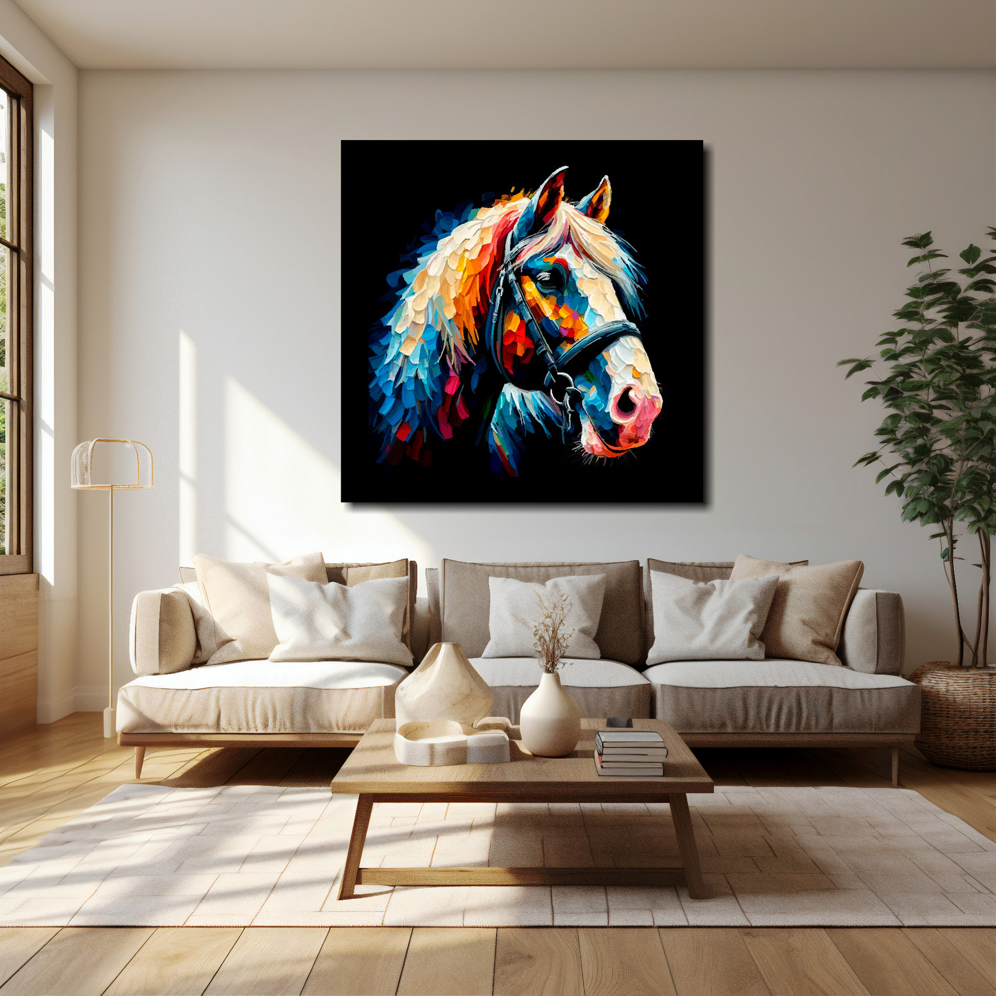 Shire Horse canvas 40x40 inches above cream sofa - XL vibrant farm animal wall art UK