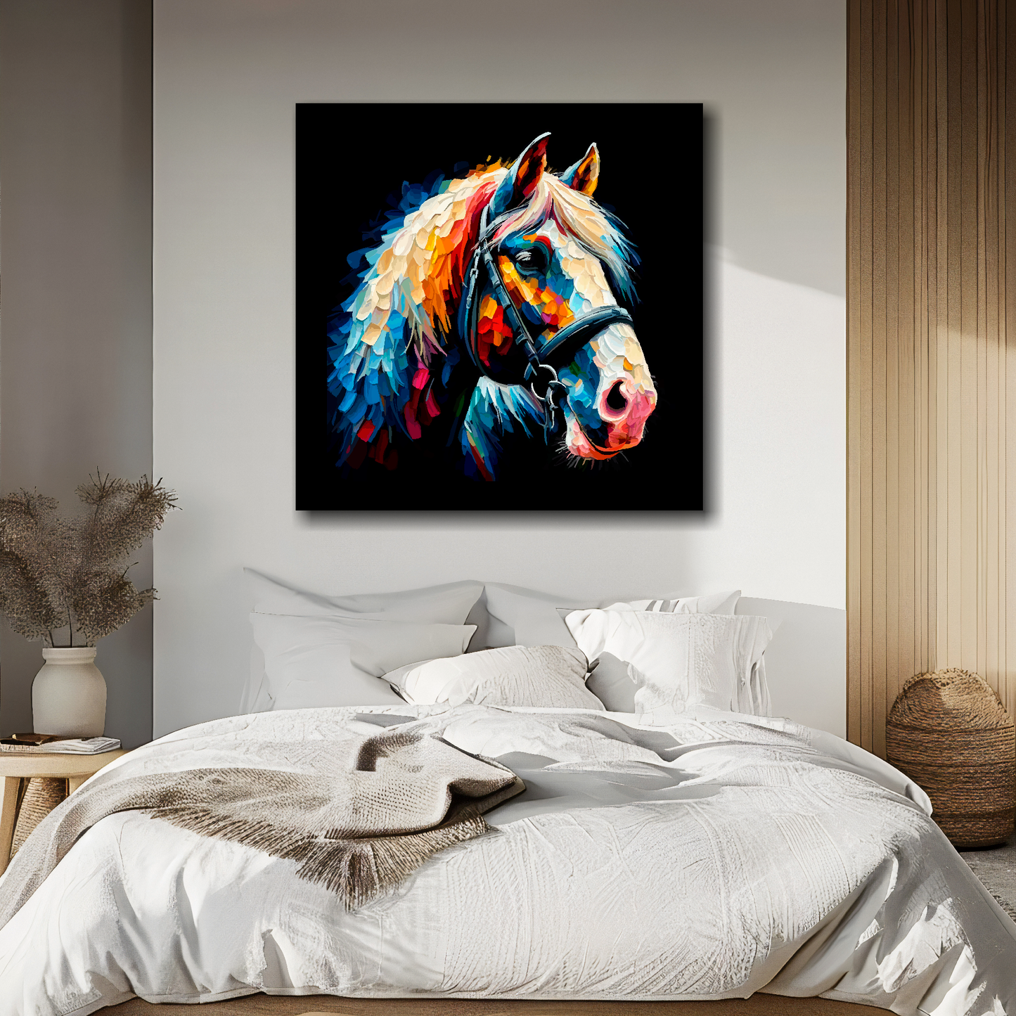 Shire Horse portrait canvas above bed - colourful farm animal wall decor for UK bedrooms