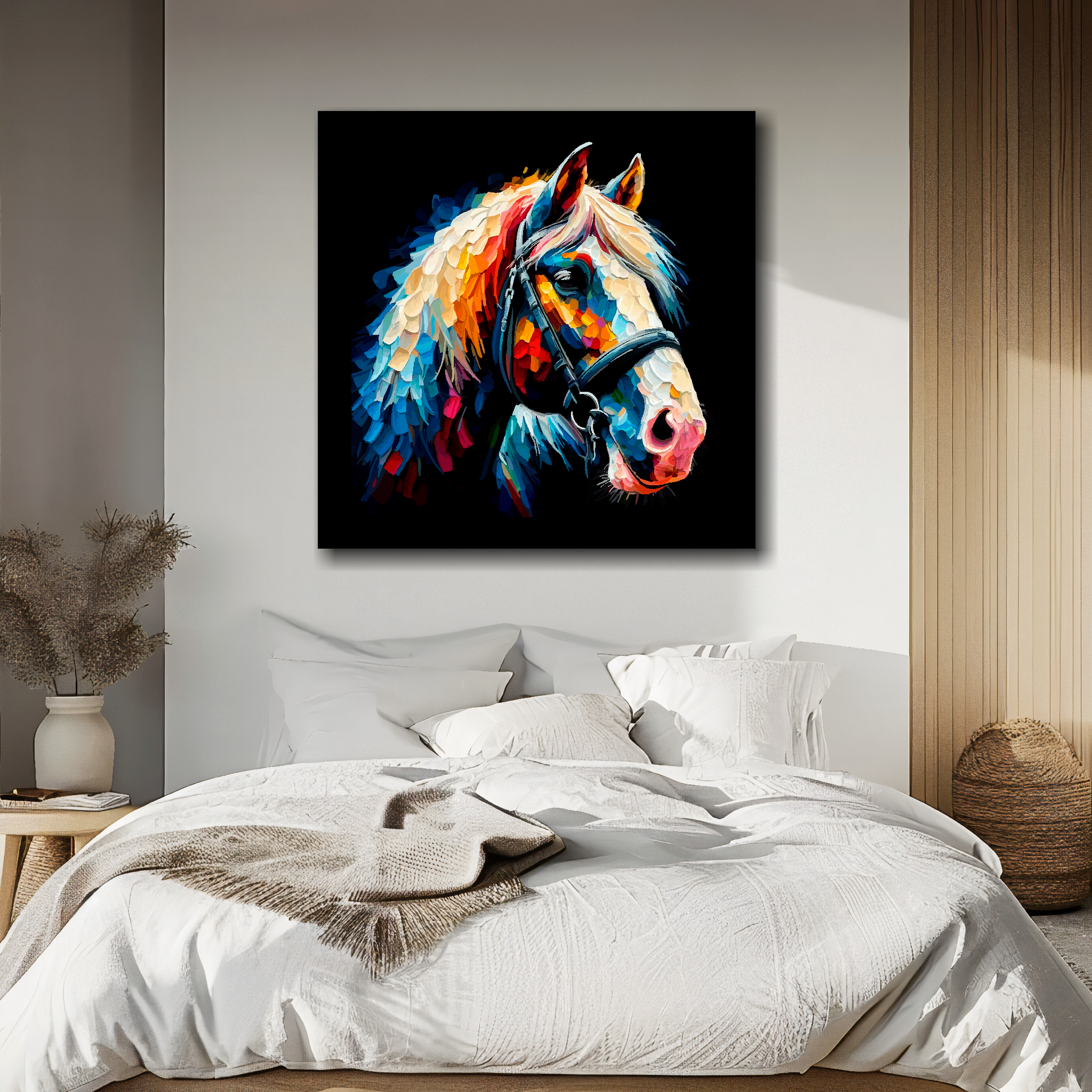 Shire Horse portrait canvas above bed - colourful farm animal wall decor for UK bedrooms