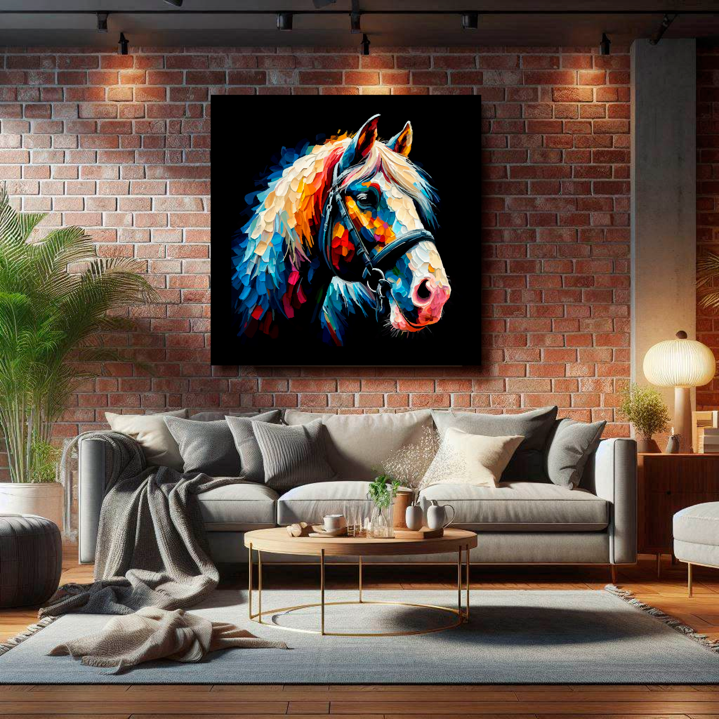 Large Shire Horse canvas on brick wall above grey sofa - bold farm animal portrait UK living room