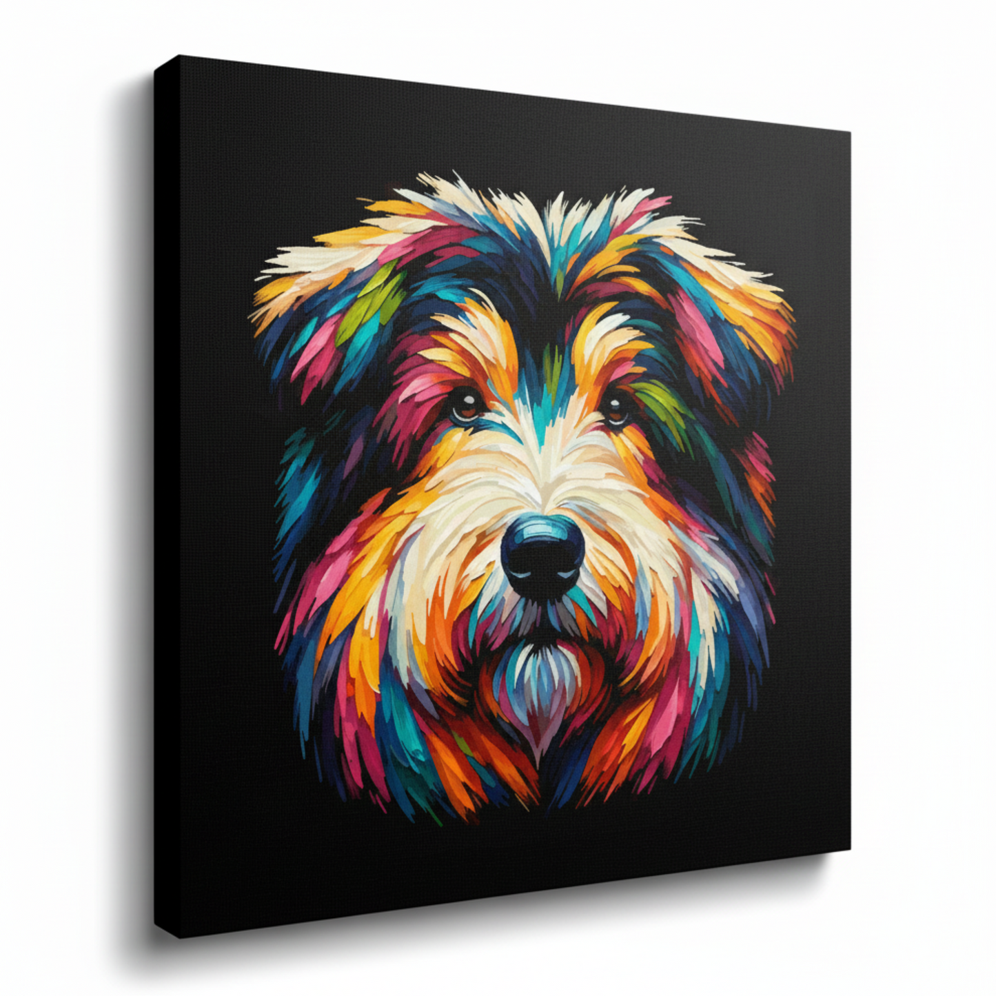 Colourful Shollie dog portrait canvas print - UK made abstract pet wall art black background